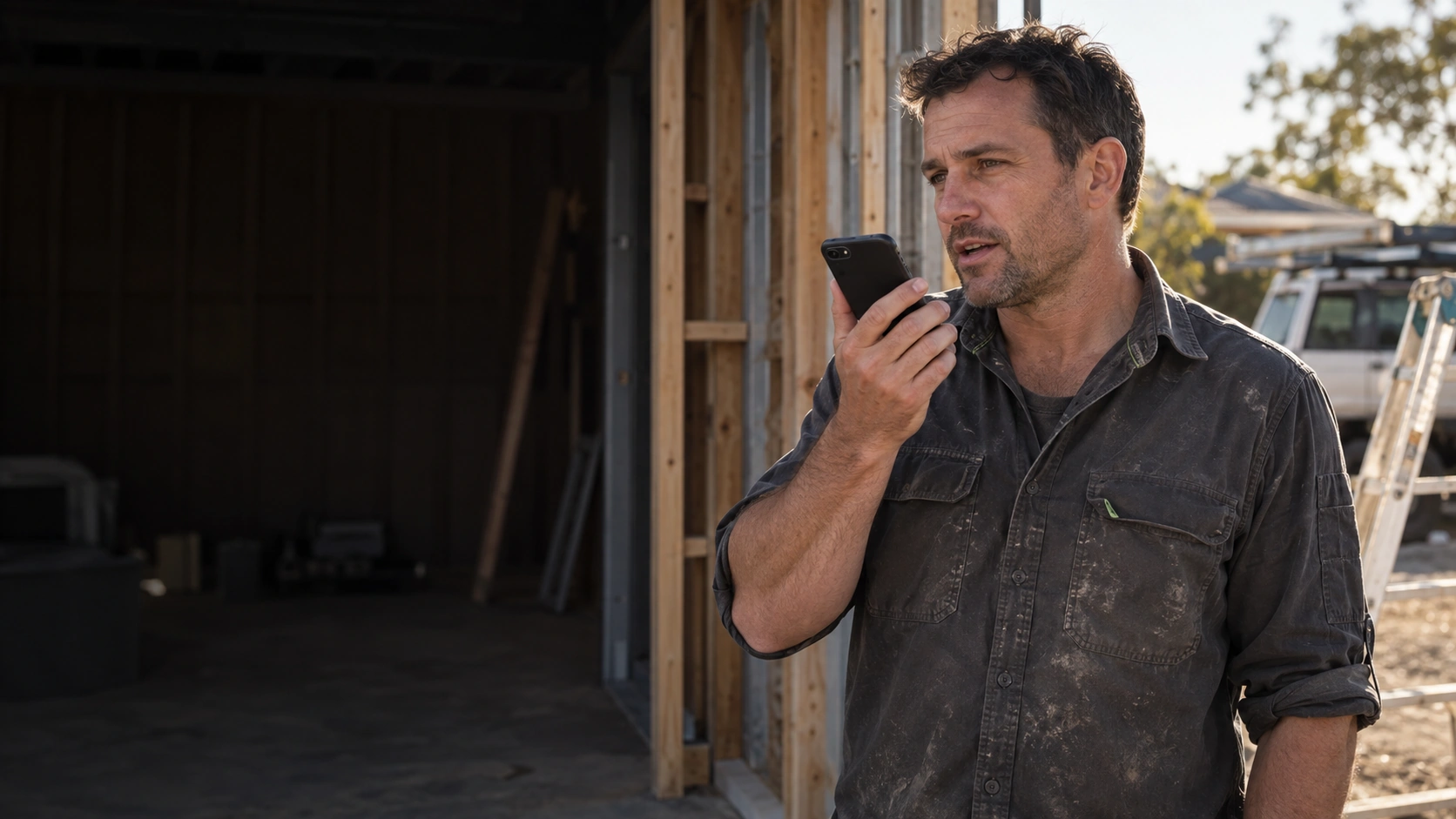 Illustrative scene of a trade business owner recording job details on a phone at a building site